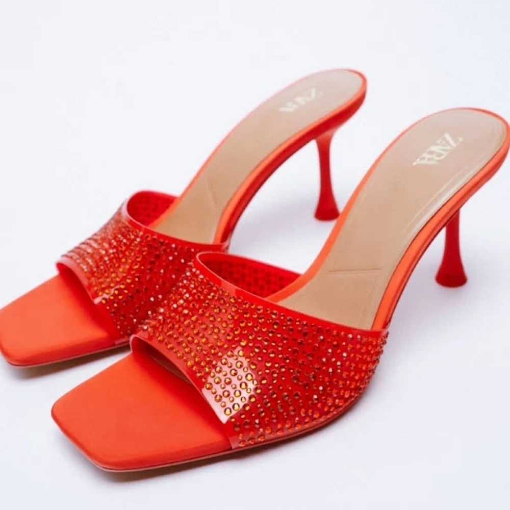 Zara Red Embellished Heeled Sandals